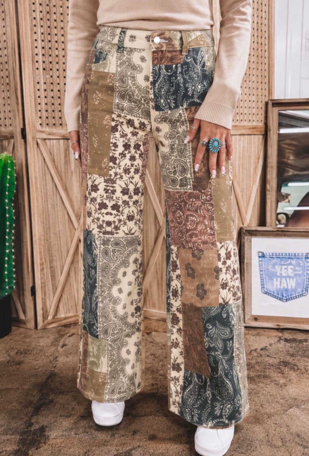 #1156 Khaki Patchwork Print Casual Shift Jeans