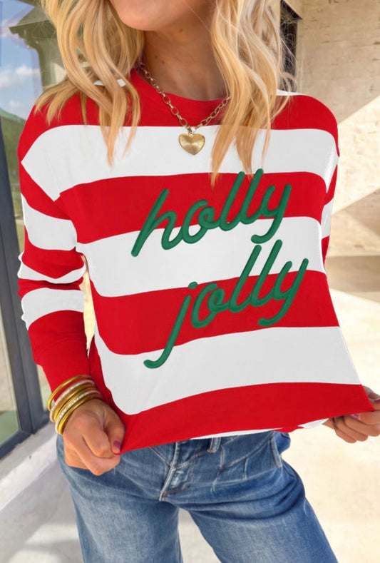 #1152 Stripe holly jolly Letter Embroidered Pullover Sweatshirt