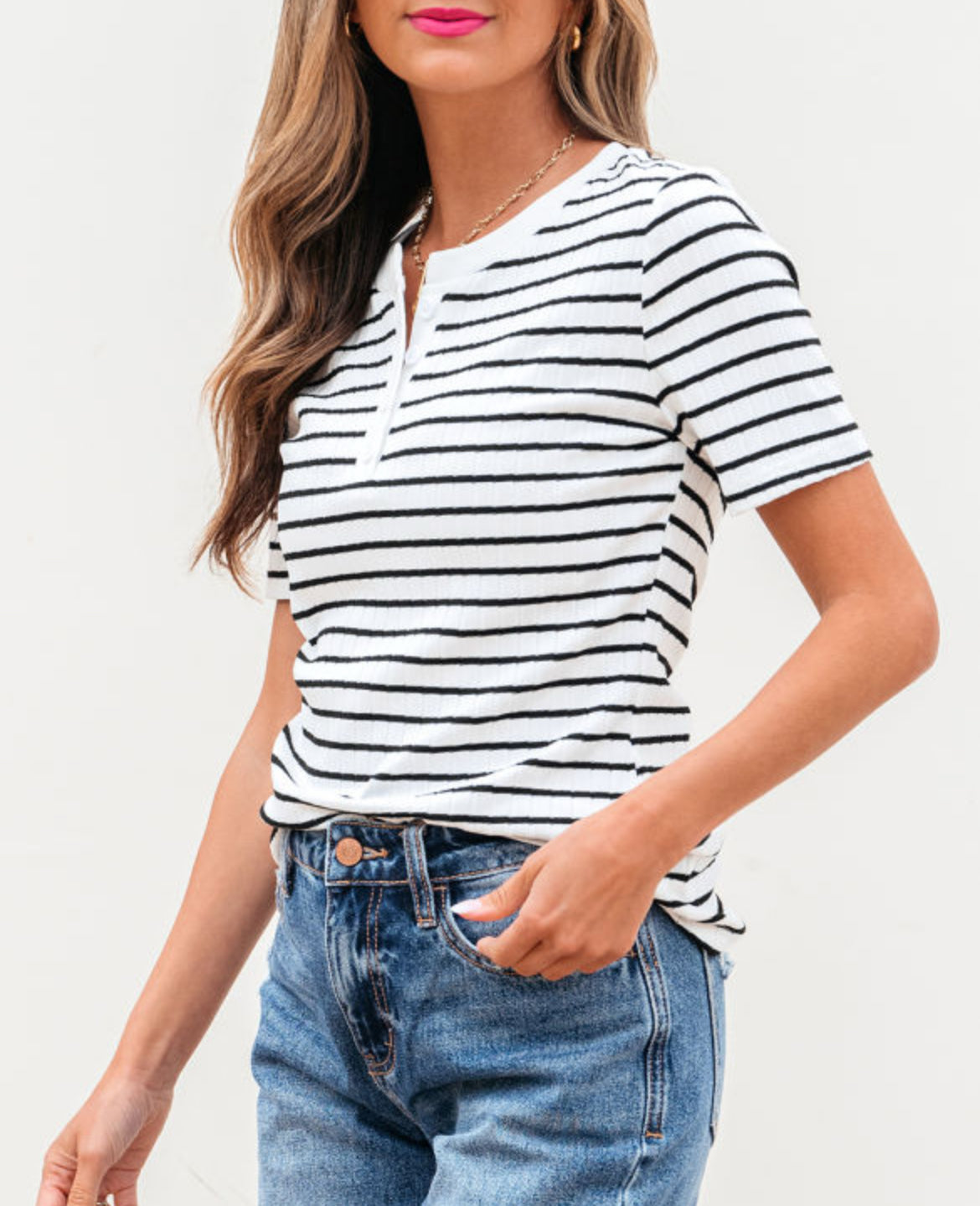 #414 White Stripe Textured Short Sleeve Buttoned Henley Top