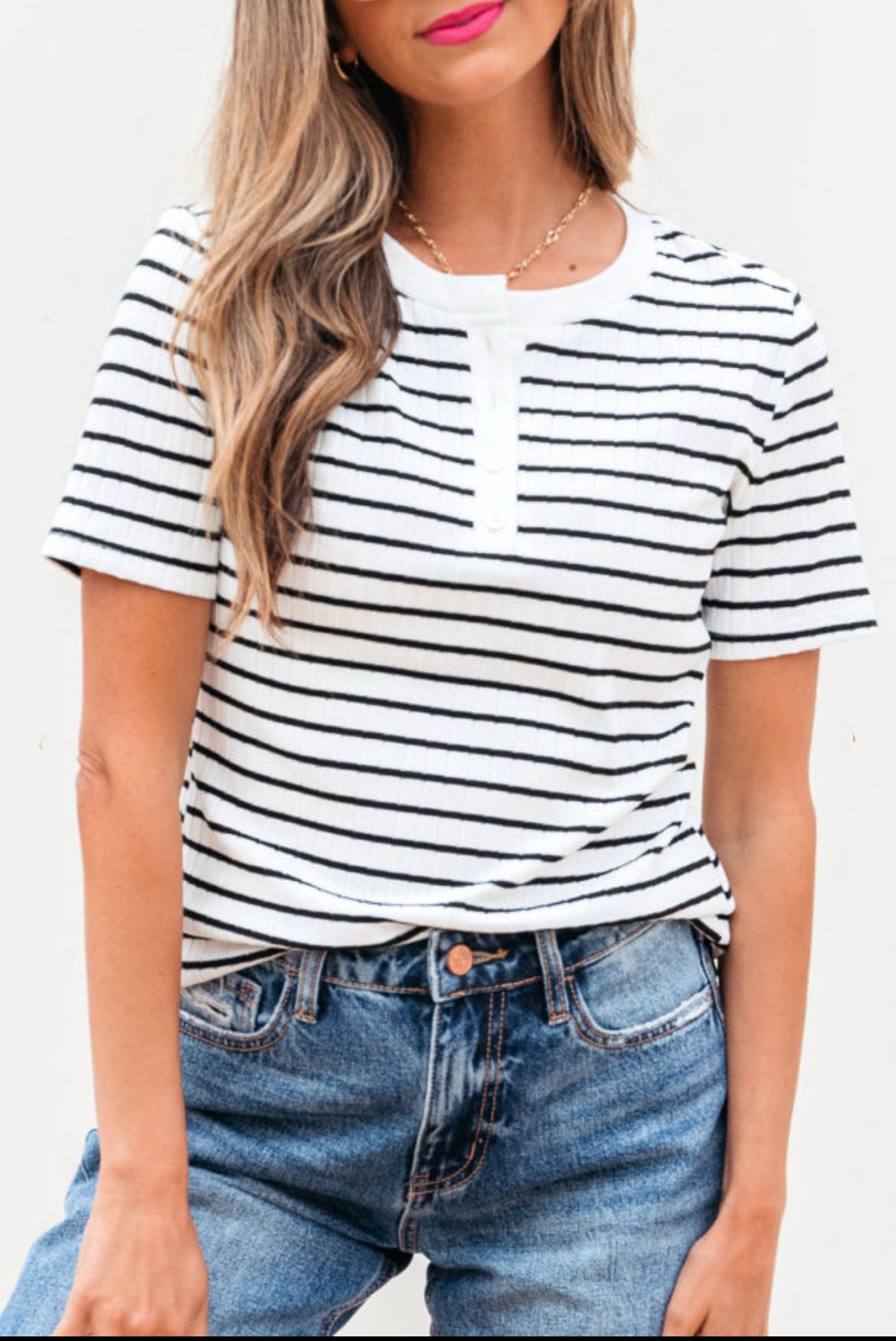 #414 White Stripe Textured Short Sleeve Buttoned Henley Top