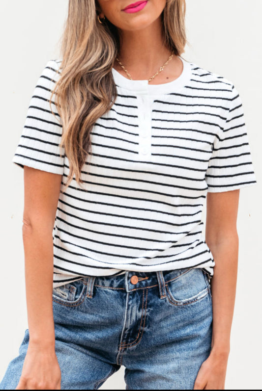 #414 White Stripe Textured Short Sleeve Buttoned Henley Top