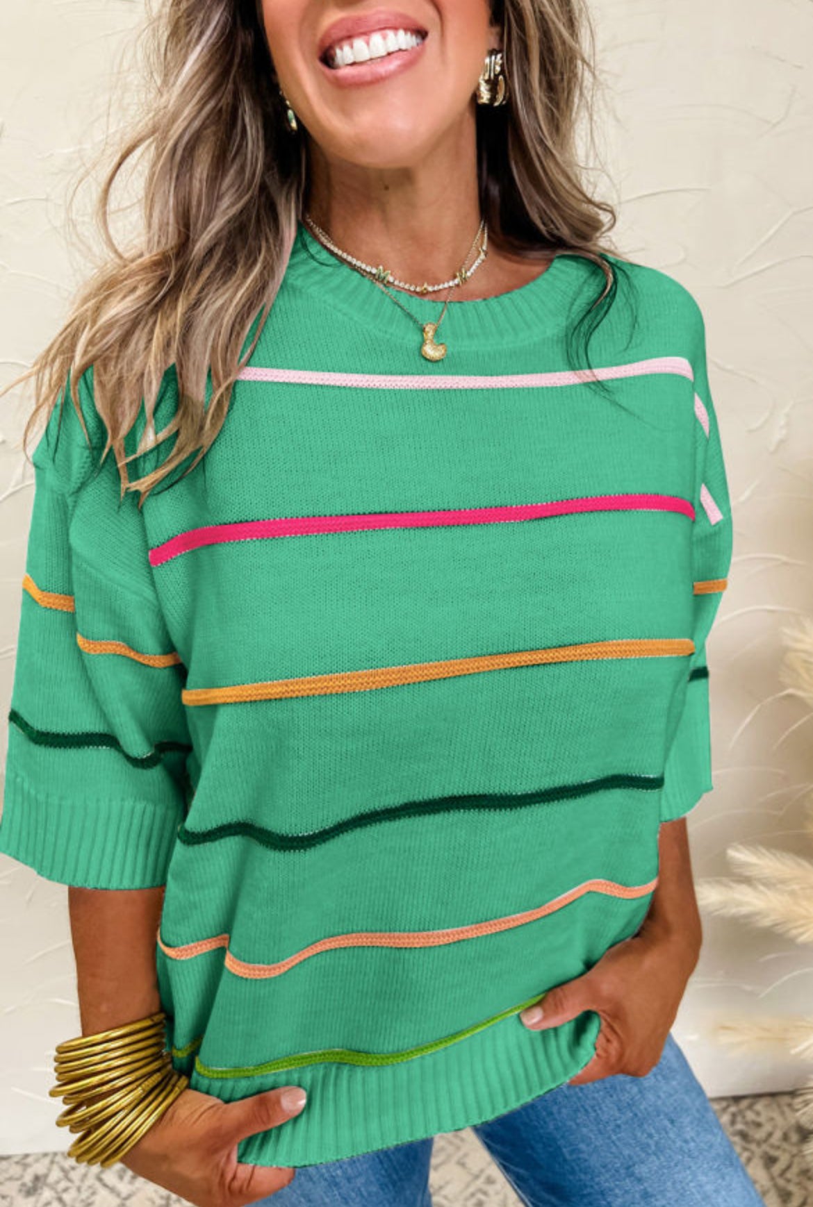 #417 Colorblock Striped Half Sleeve Drop Shoulder Sweater
