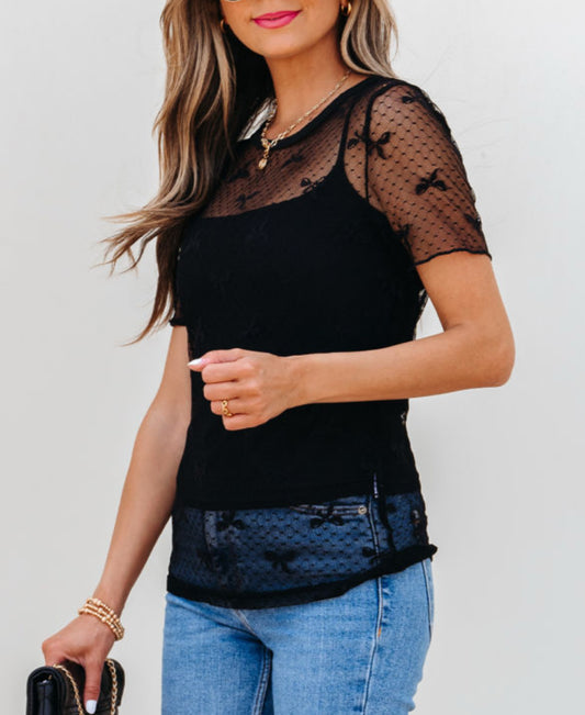 #419 Black Bow Knot Dotted See-through Mesh Patched Slim Fit Blouse