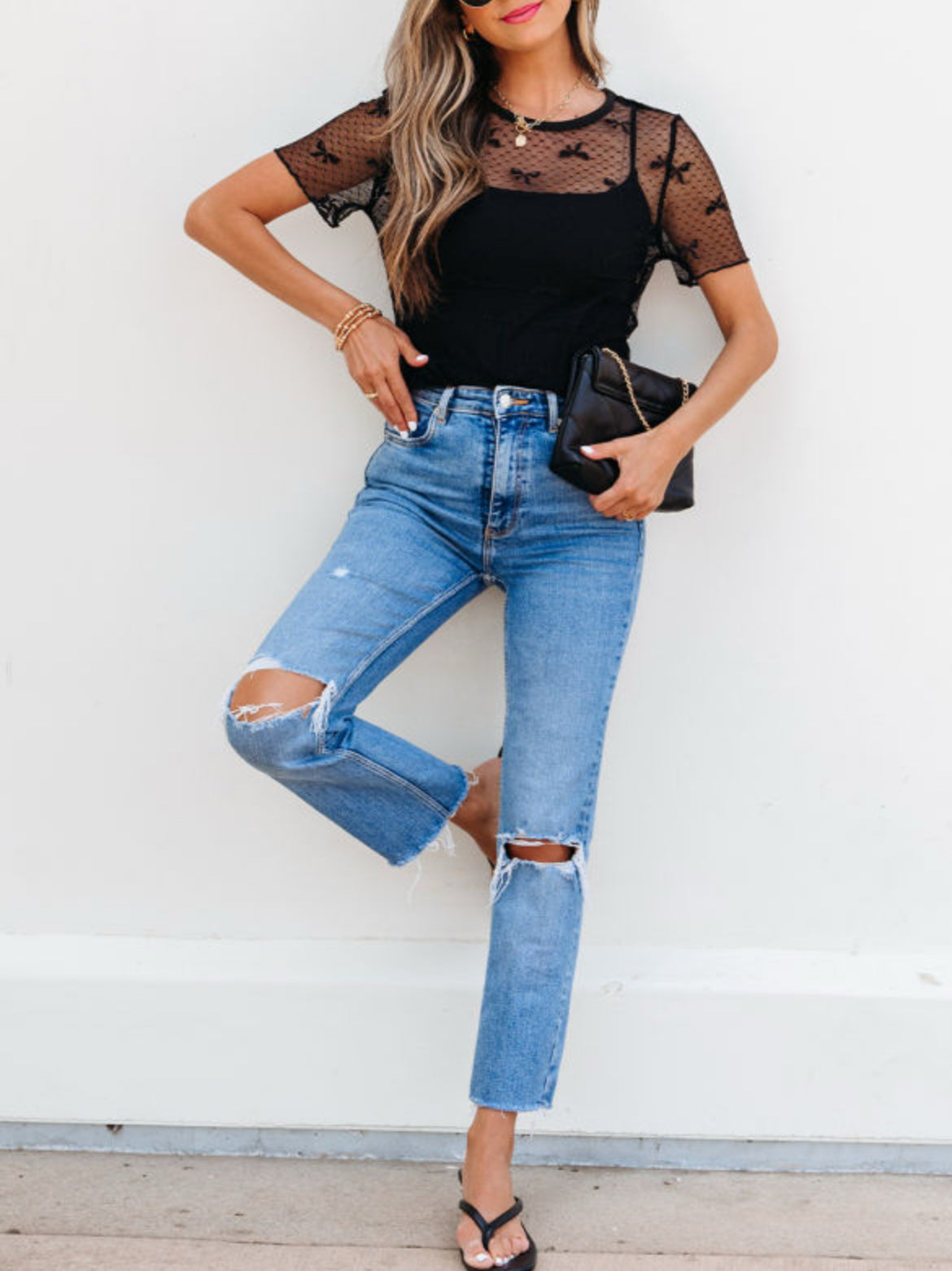 #419 Black Bow Knot Dotted See-through Mesh Patched Slim Fit Blouse