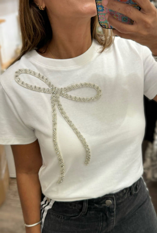 #420 White Rhinestone Bow Embellished Round Neck Tee