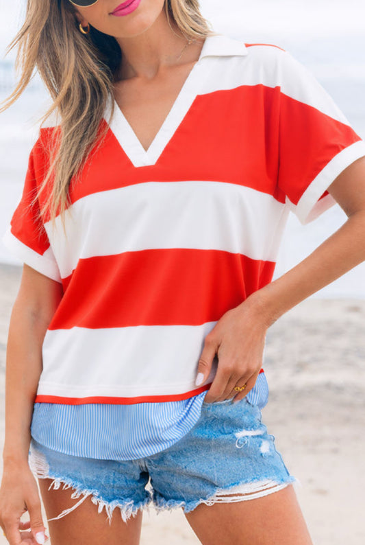 #423 Red Stripe Collar V Neck Cuffed Dolman Short Sleeve Top