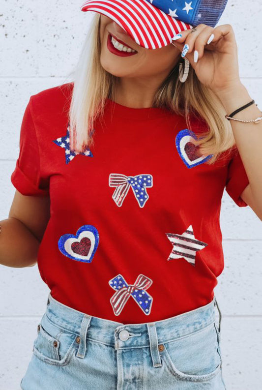 # 424 Red American Flag Inspired Sequined Pattern Crewneck Tee