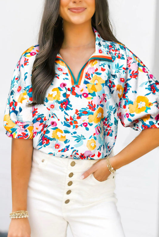 #427 Peacock Blue Floral Print Slit V Neck Short Sleeve Blouse