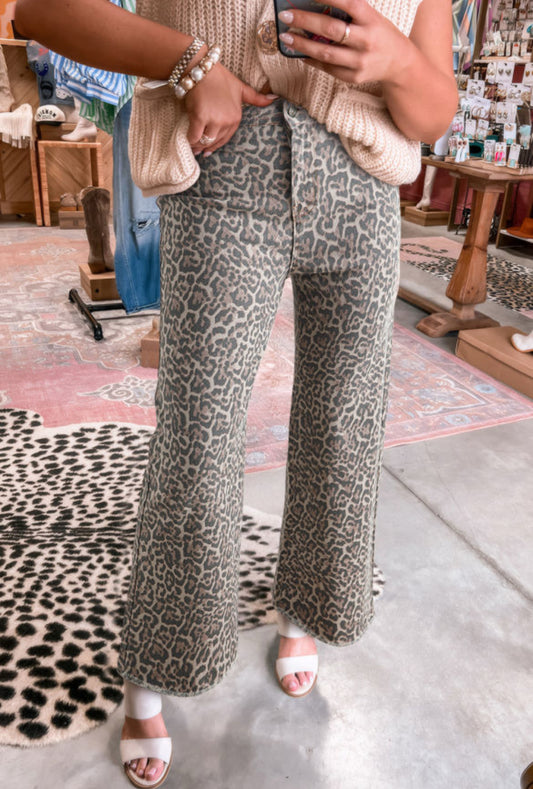 #430 Brown Leopard Frayed Edge Wide Leg High Waist Jeans
