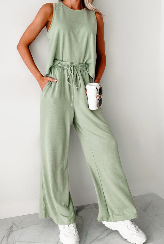 #431 Smoke Green Textured Tank Top and Drawstring High Waist Pants Set