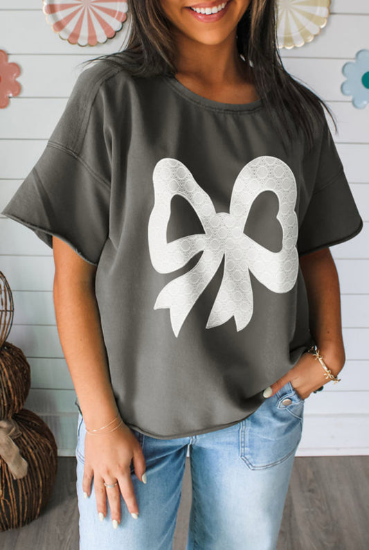 #433 Lace Bow Raw Edge Drop Shoulder Casual T Shirt