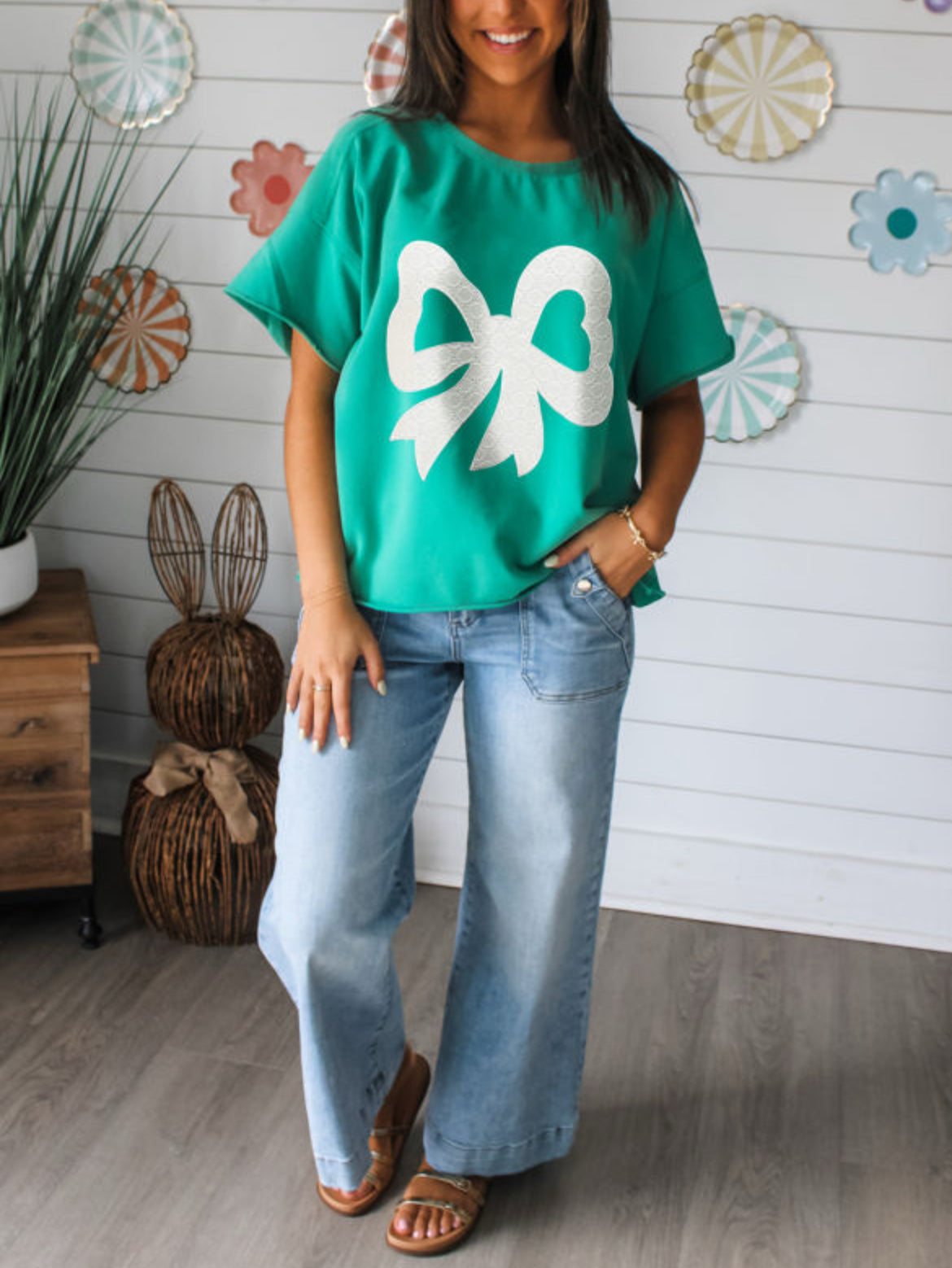 #433 Lace Bow Raw Edge Drop Shoulder Casual T Shirt