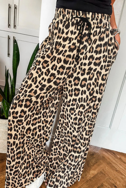 #437 Parchment Leopard Drawstring Flowy Wide Leg Pants