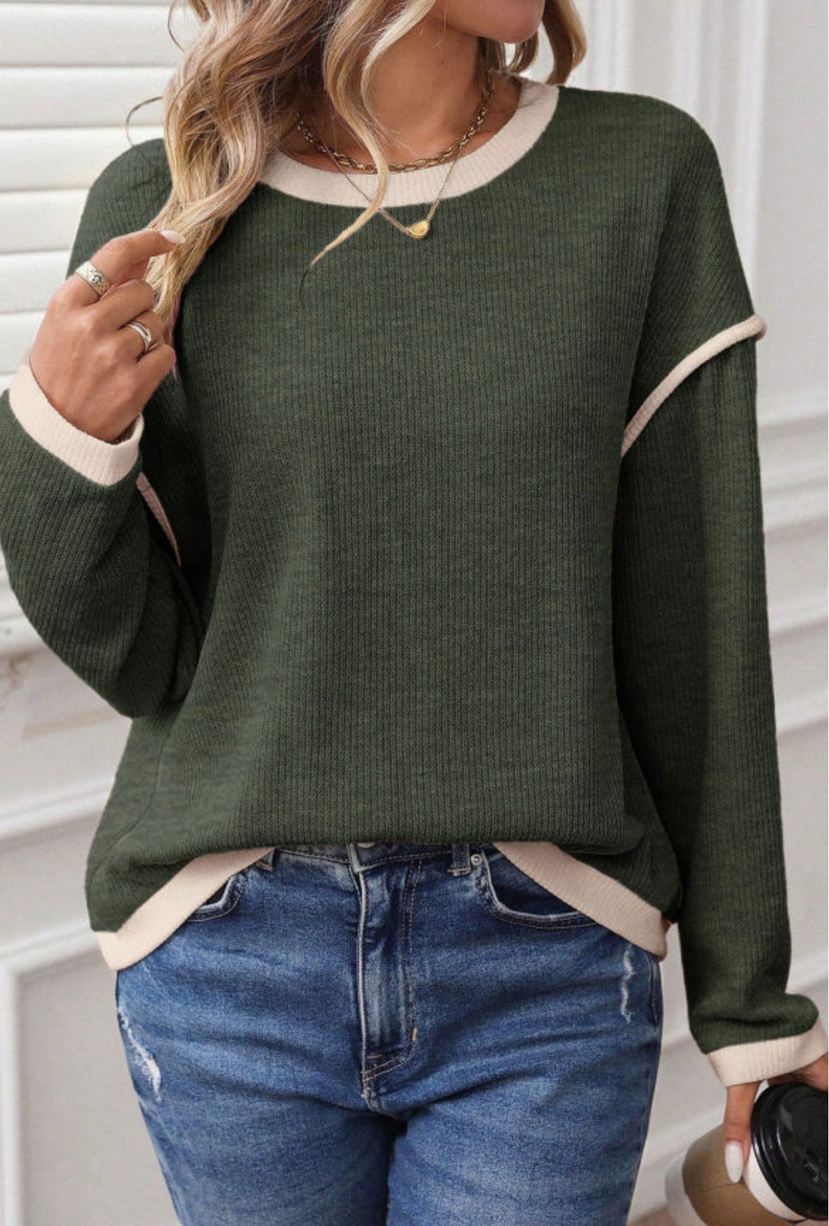 #1198 Clover Contrast Trim Knit Loose Top