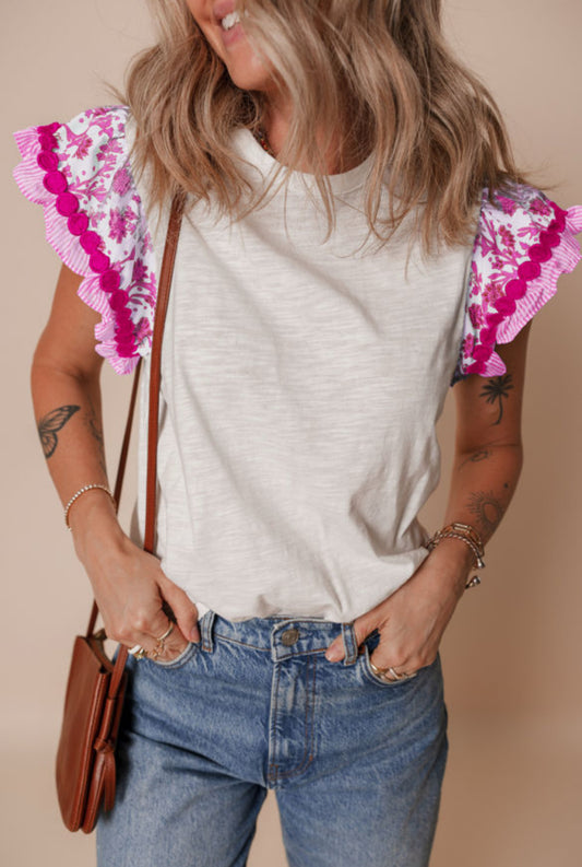 #442 Ricrac Trim Printed Flutter Sleeve Contrast Patchwork Blouse