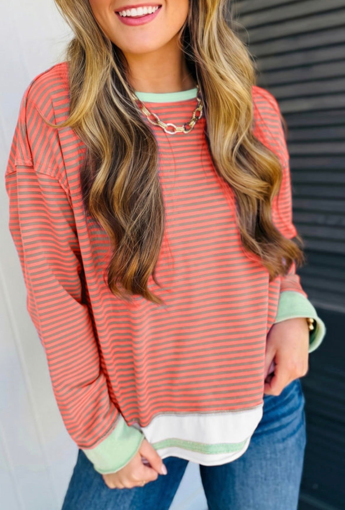 #1201 Orange Stripe Raw Seam Long Sleeve Top