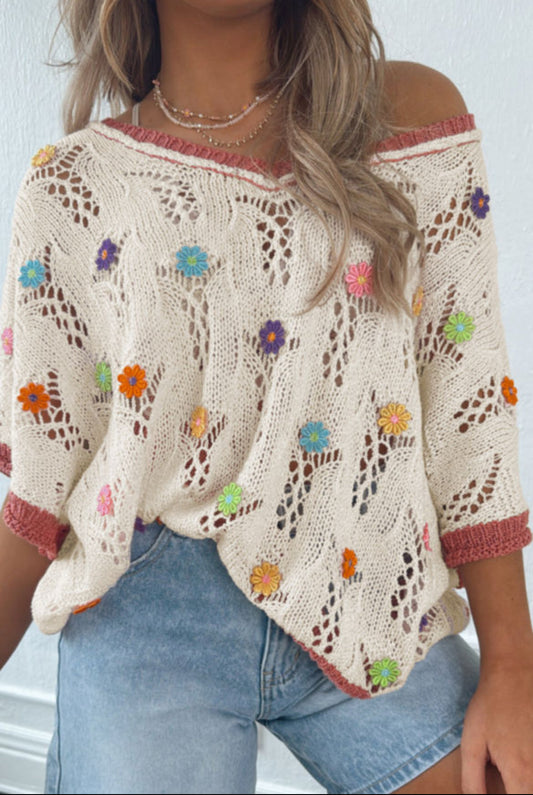 #444 Delicacy Embroidered Flowers Colorblock Edge Hollowed Sweater