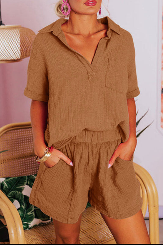 #449 Chestnut Crinkle Textured Polo Shirt and High Waist Shorts Set