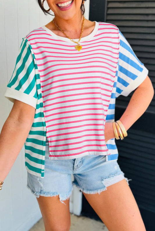 #456 Pink Stripe Mixed Pattern Patchwork Uneven Hem Loose Tee