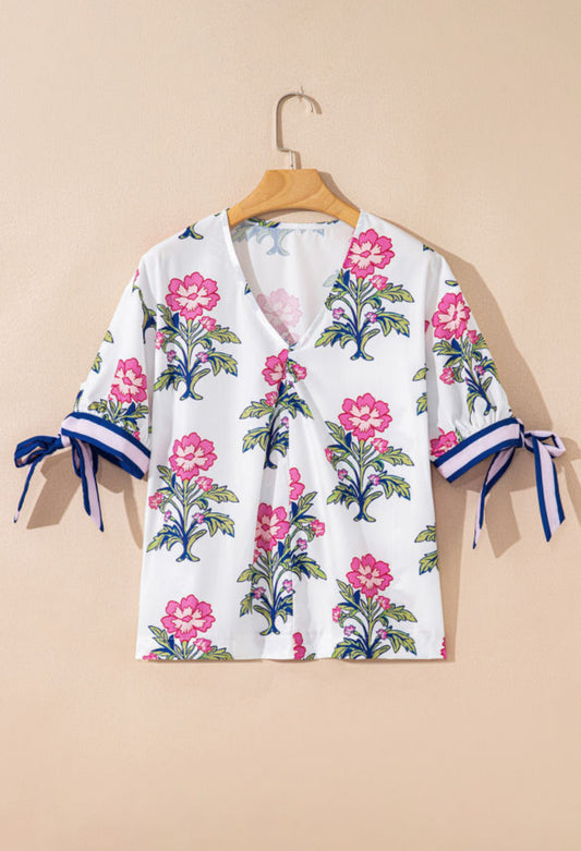 #458 White Floral Colorblock Stripe Knot Bubble Sleeve V Neck Blouse