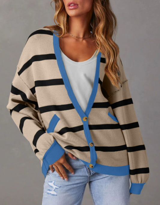 #489 Colorblock Drop Shoulder Buttoned Loose Cardigan