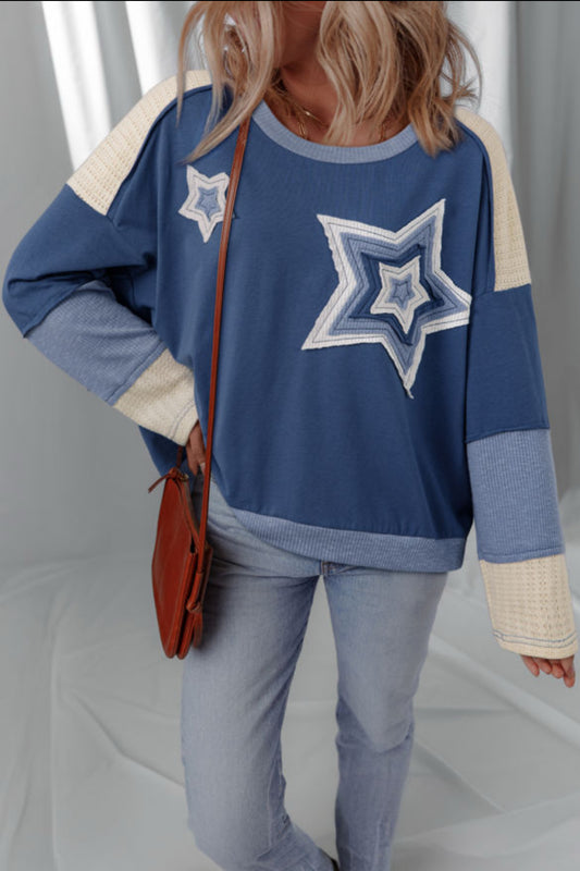 #474 Dark Blue Contrast Knitted Colorblock Star Patchwork Oversize Long Sleeve Top