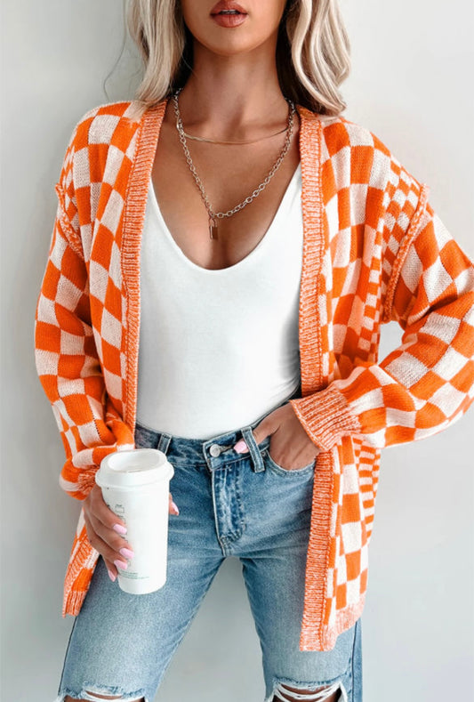 #480 Checkered Open Front Drop Shoulder Cardigan