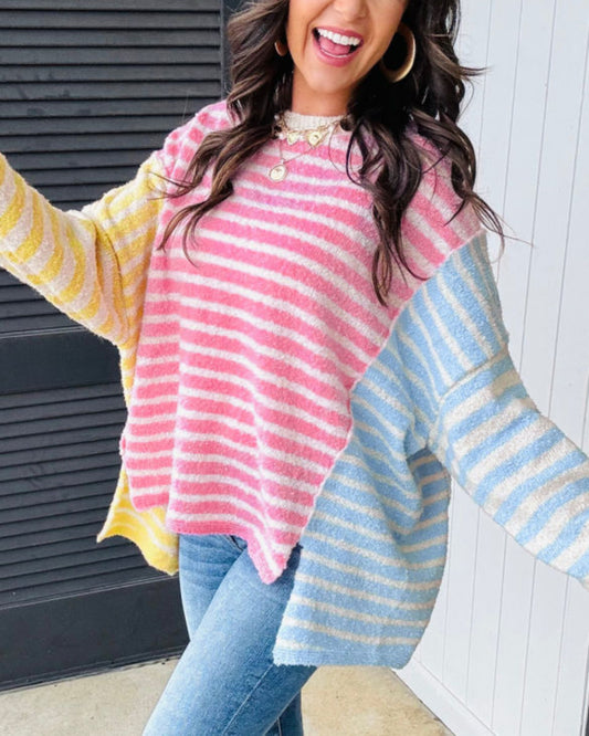 #475 Multicolour Color Block Striped Patchwork Dolman Sleeve Slit Sweater