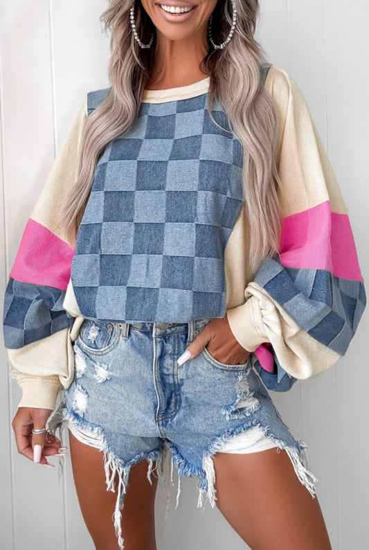 #476 Sky Blue Oversized Checkered Denim Exposed Seam Patchwork Casual Sweatshirt