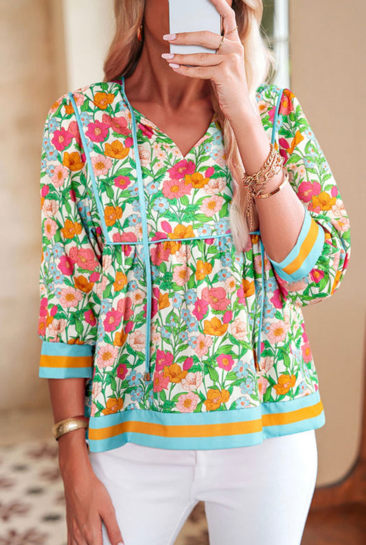 #473 Green Floral Print Striped Trim Tie Neck Puff Sleeve Babydoll Blouse