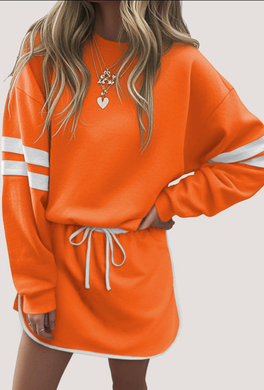 #488 Varsity Stripe Detail Drop Shoulder Pullover Mini Skirt Set