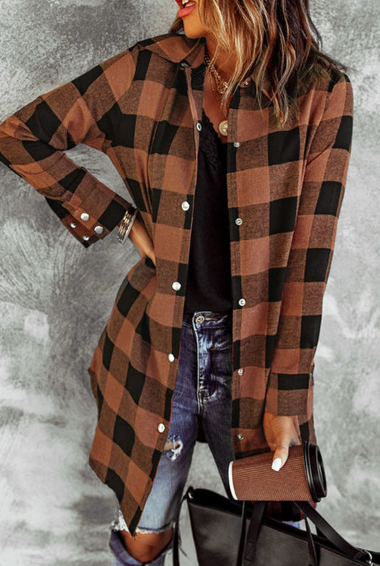 #487 Brown Turn-down Collar Plaid Shirt Coat
