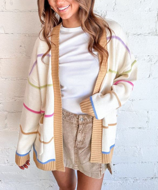#519 White Color Block Striped Open Front Cardigan With Pocket