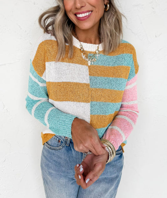 #520 Jurassic Gold Color Block Striped Pullover Sweater