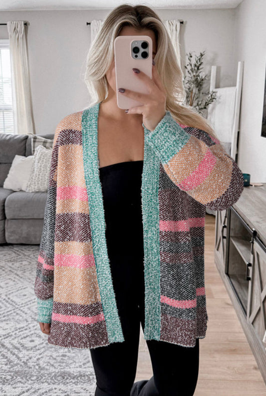 #522 Multicolour Color Block Striped Side Slit Open Front Cardigan
