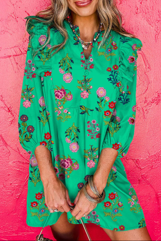 #524 Green Floral Ruffled Three Quarter Sleeve Buttoned Mini Dress