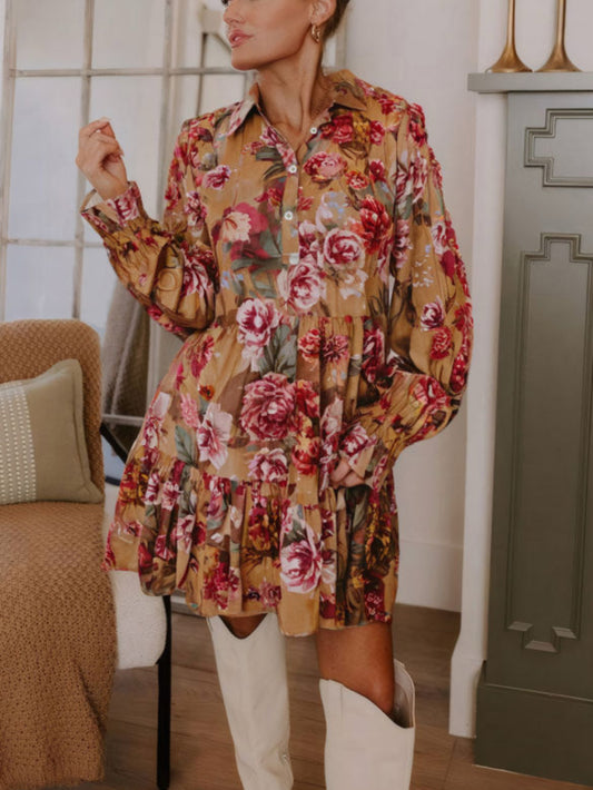 #531 Brown Vintage Floral Print Shirt Style Half Button Long Sleeve Ruffle Mini Dress