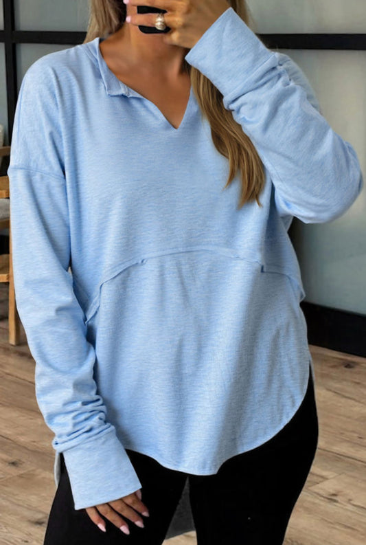 #535 Myosotis Notched Neck Terry Raw Hem Long Sleeve Top