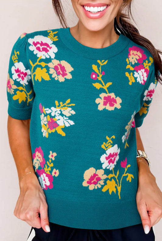 #532 Blue Flower Pattern Mock Neck Short Sleeve Knitted T Shirt