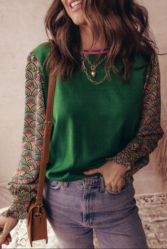 #530 Blackish Green Floral Patchwork Shirred Cuff Puff Sleeve Sweater