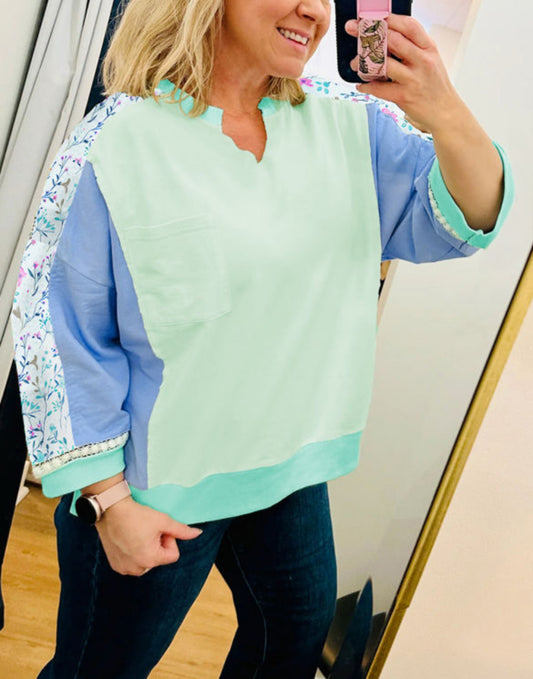 #526 Green Color Block Floral Patchwork Long Sleeve Notched Neck Plus Size Top