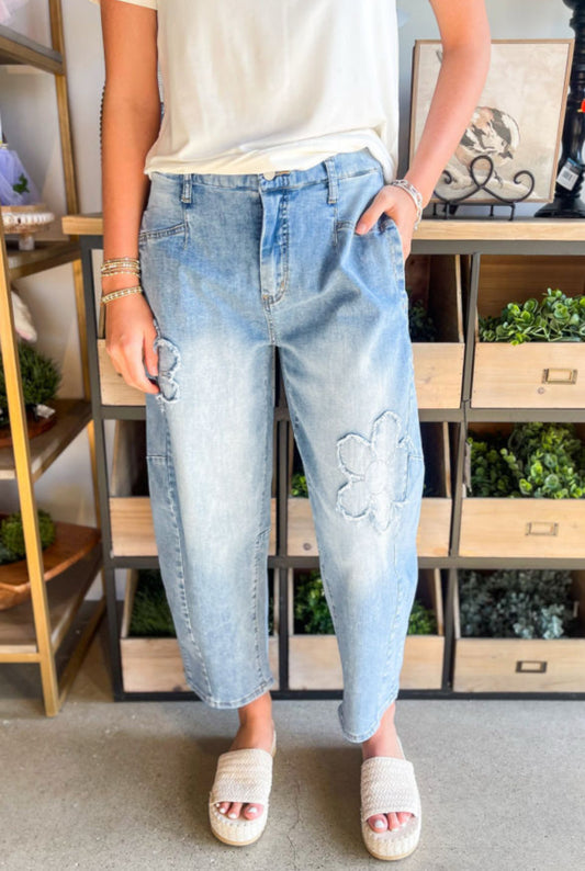#518 Beau Blue Flower Patched Light Wash Cropped High Waist Jeans