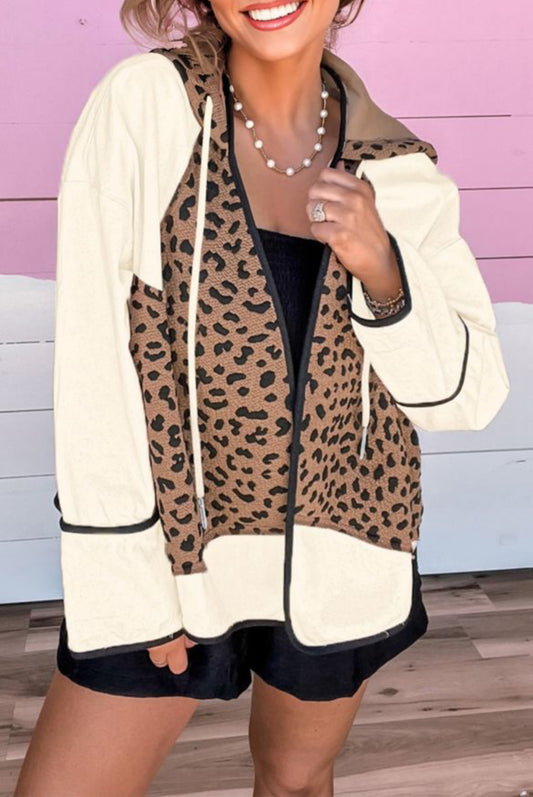 #480 Brown Leopard Star Hooded Patchwork Contrast Piping Open Front Jacket