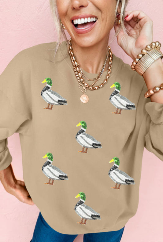 #488 Khaki Sequin Mallard Duck Graphic Baggy Sweatshirt