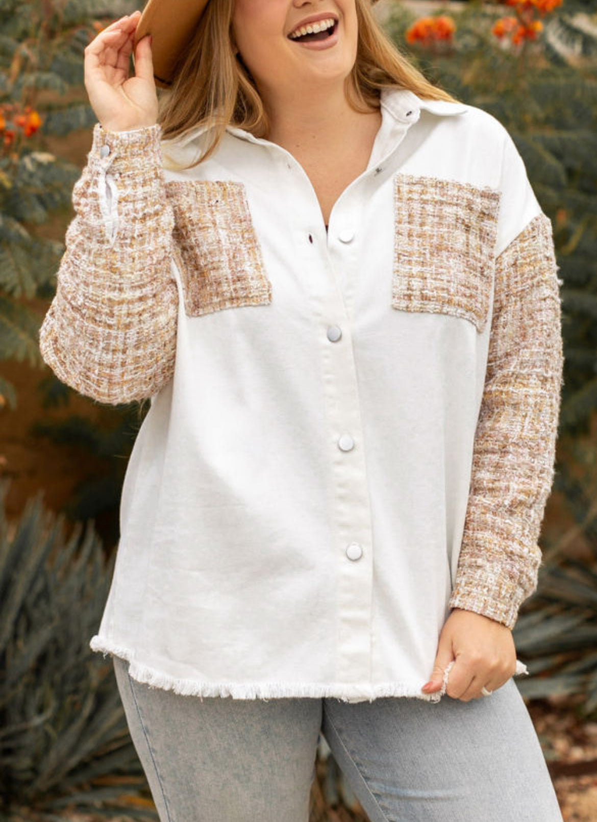 #81 White Plus Size Tweed Patchwork  Jacket