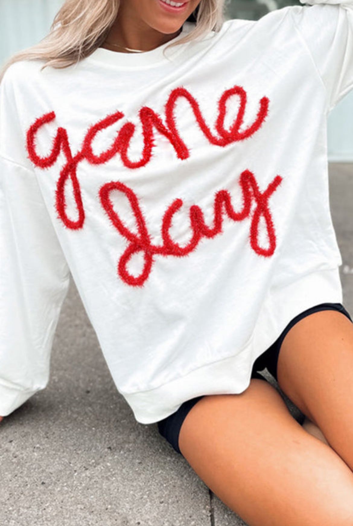 #83 White Tinsel Game Day Drop Shoulder Sweatshirt