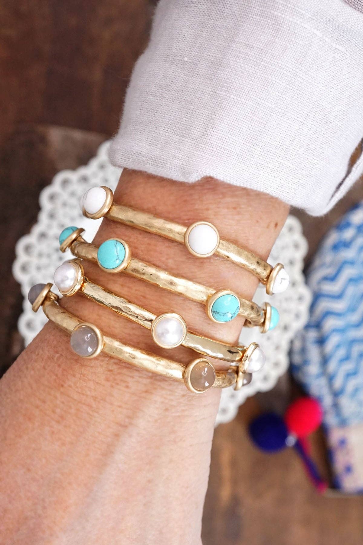 #404 Jeweled Golden Bangle with semi precious stone dots