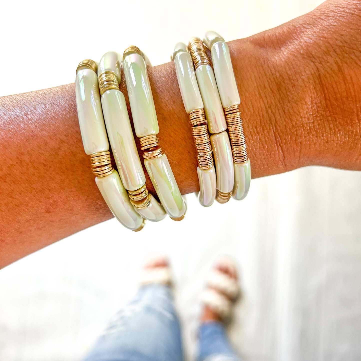 #586 Metallic #26 Ivory Acrylic Tube Bamboo Bracelet