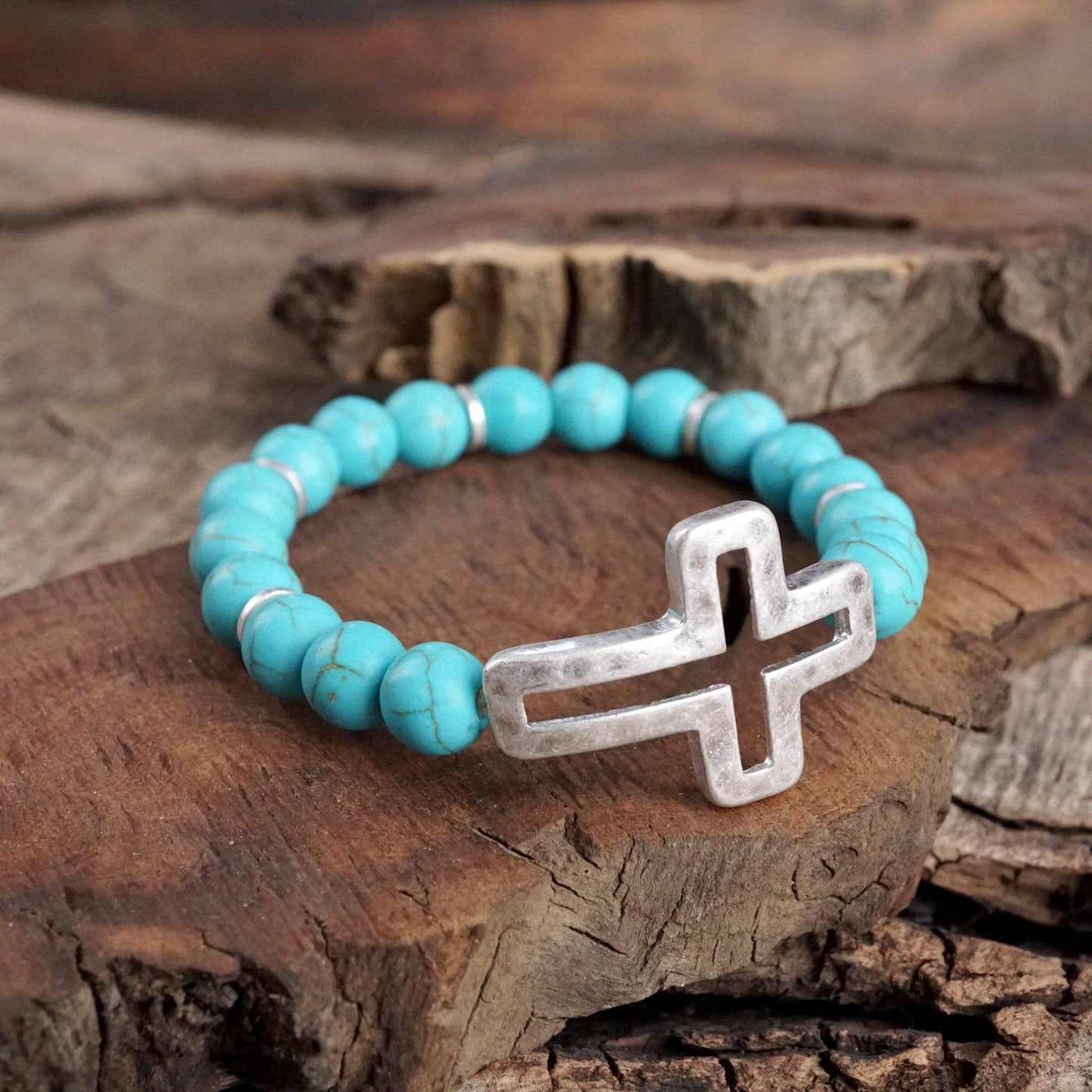 #398 Cross bracelet with Turquoise color beads and silver hammered cross