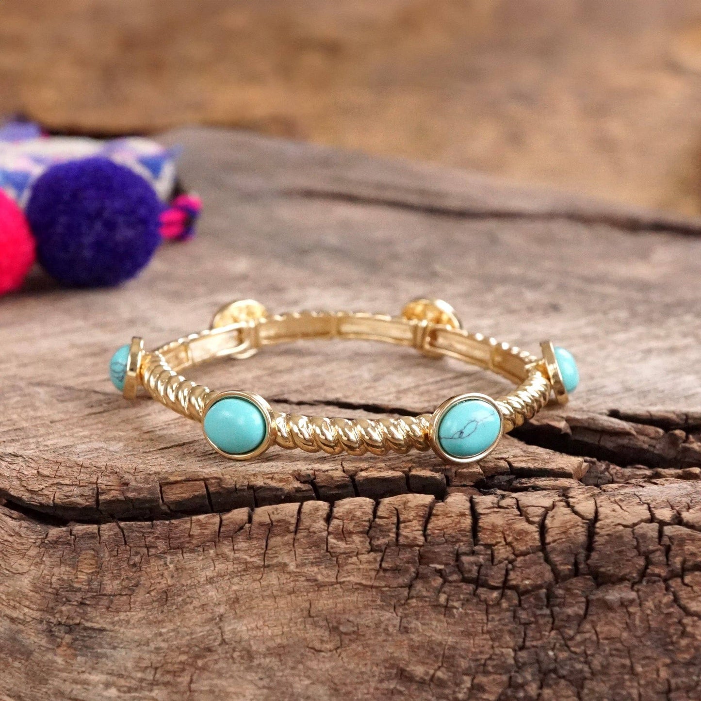 #405 Jeweled Golden Twisted Bangle with oval jewels - Pearl Turquoise